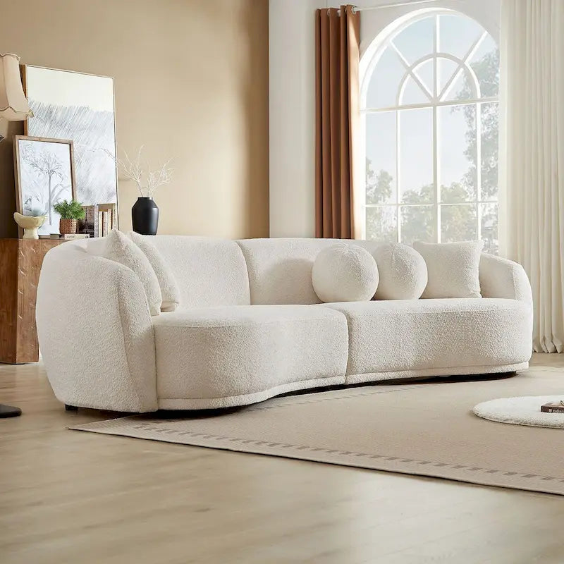 Canapé d'angle incurvé profond, tissu bouclé avec 5 coussins décoratifs