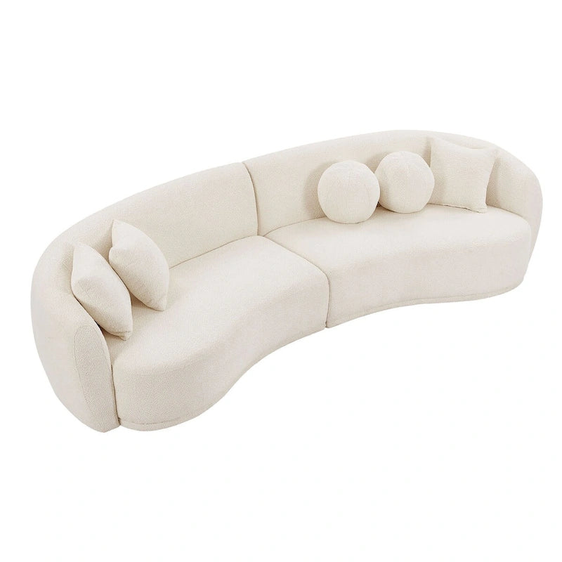 Canapé d'angle incurvé profond, tissu bouclé avec 5 coussins décoratifs
