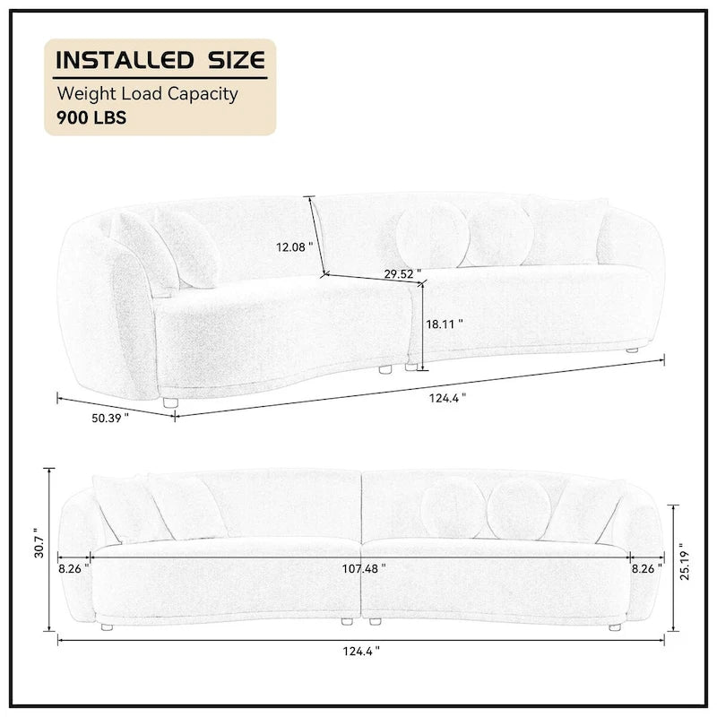 Canapé d'angle incurvé profond, tissu bouclé avec 5 coussins décoratifs