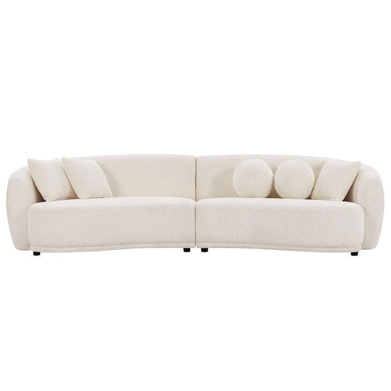 Canapé d'angle incurvé profond, tissu bouclé avec 5 coussins décoratifs
