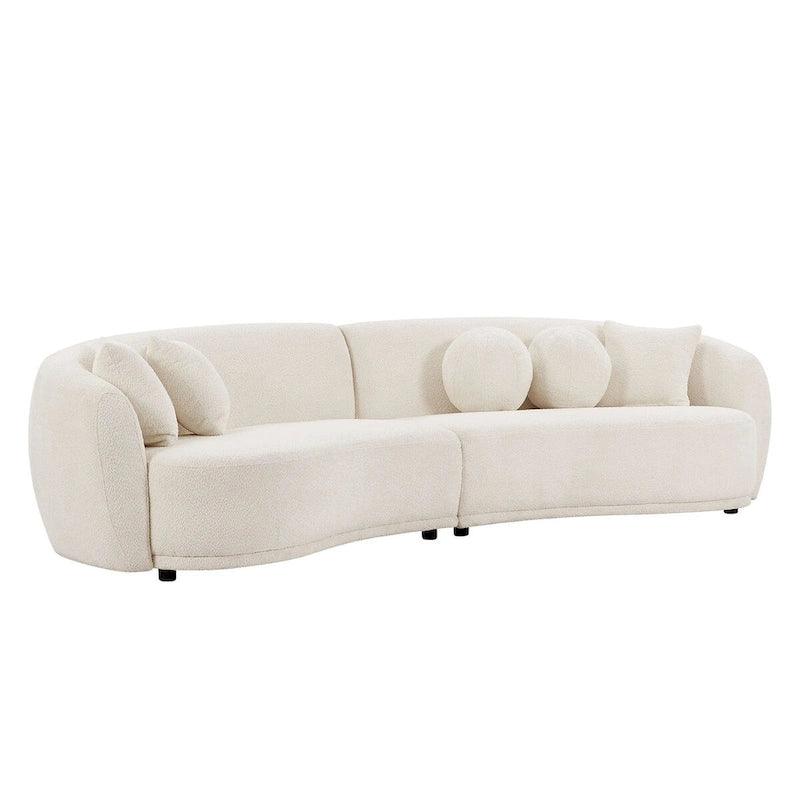 Canapé d'angle incurvé profond, tissu bouclé avec 5 coussins décoratifs