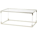 Table basse en acrylique ou en métal avec plateau en verre et pieds en acrylique ou support en métal argenté