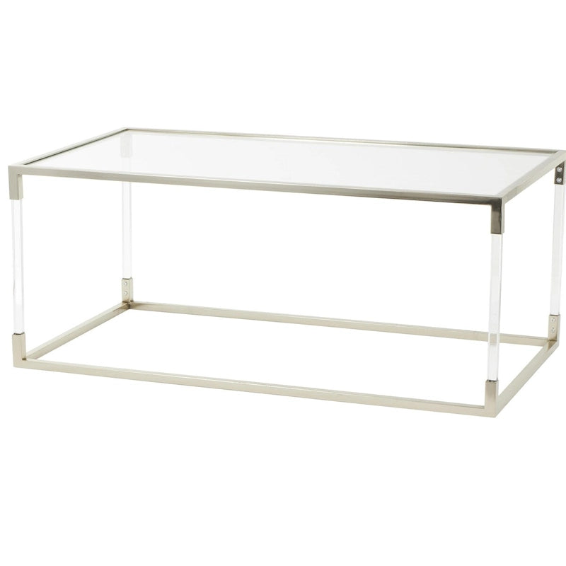 Table basse en acrylique ou en métal avec plateau en verre et pieds en acrylique ou support en métal argenté