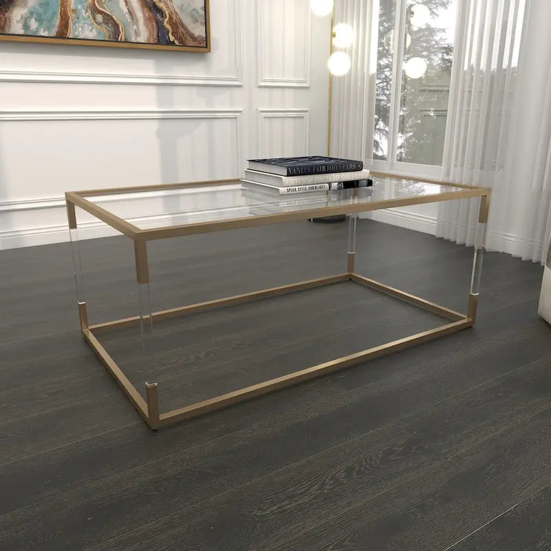 Table basse en acrylique ou en métal avec plateau en verre et pieds en acrylique ou support en métal argenté