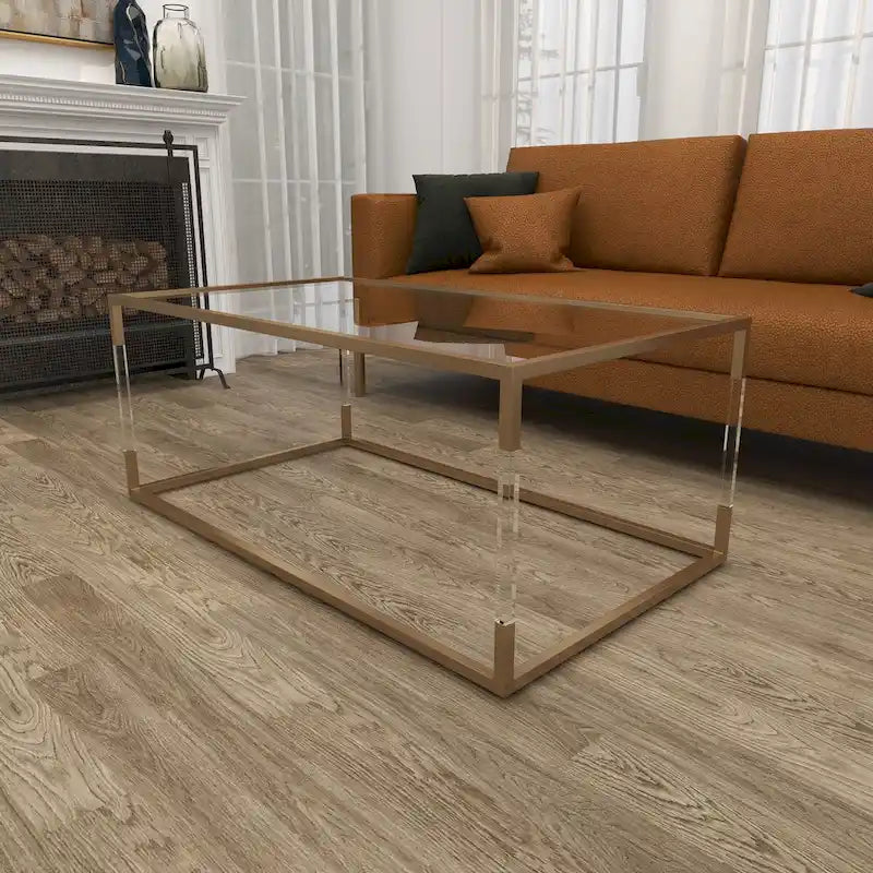 Table basse en acrylique ou en métal avec plateau en verre et pieds en acrylique ou support en métal argenté