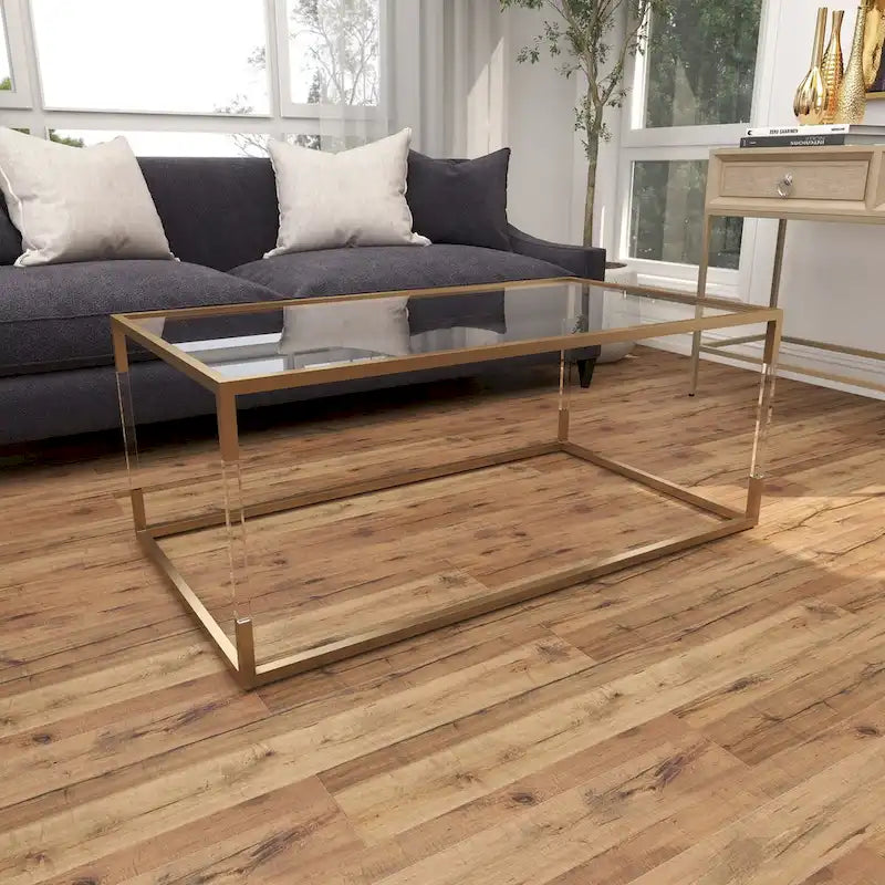 Table basse en acrylique ou en métal avec plateau en verre et pieds en acrylique ou support en métal argenté