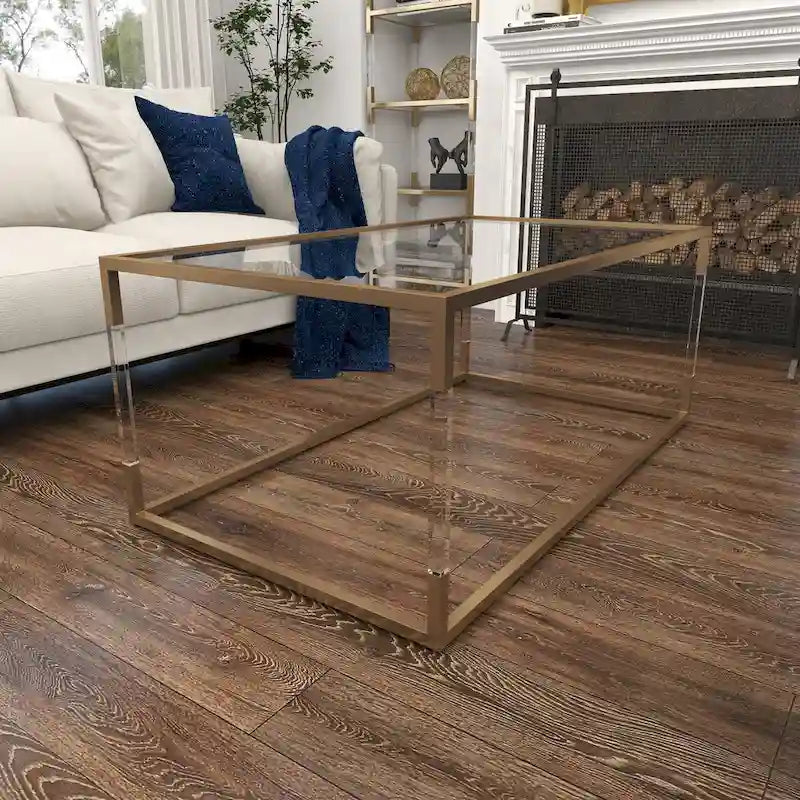 Table basse en acrylique ou en métal avec plateau en verre et pieds en acrylique ou support en métal argenté