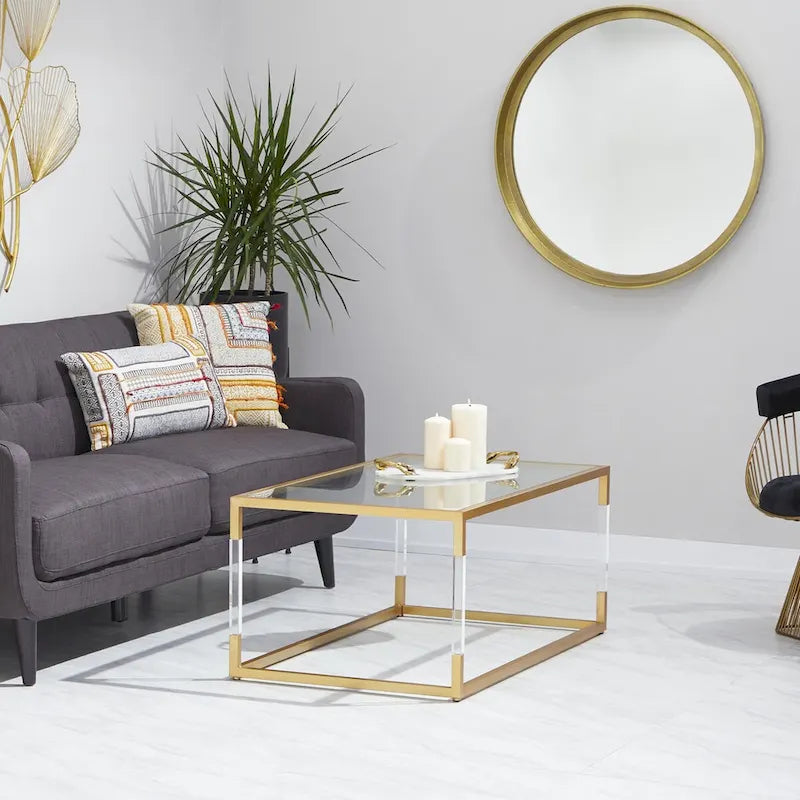 Table basse en acrylique ou en métal avec plateau en verre et pieds en acrylique ou support en métal argenté