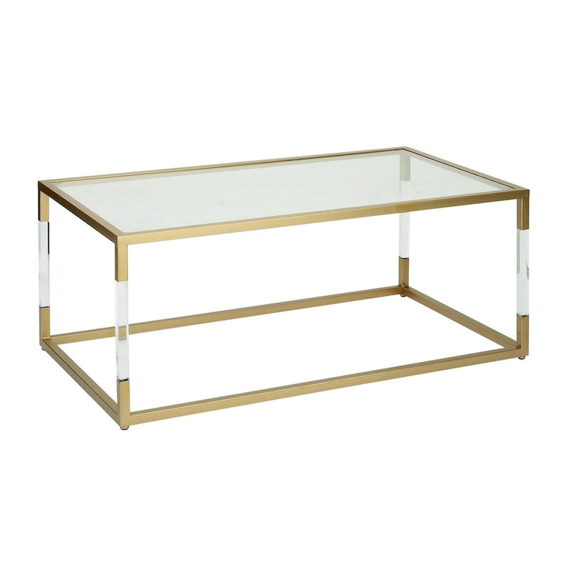 Table basse en acrylique ou en métal avec plateau en verre et pieds en acrylique ou support en métal argenté