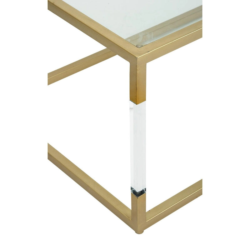 Table basse en acrylique ou en métal avec plateau en verre et pieds en acrylique ou support en métal argenté