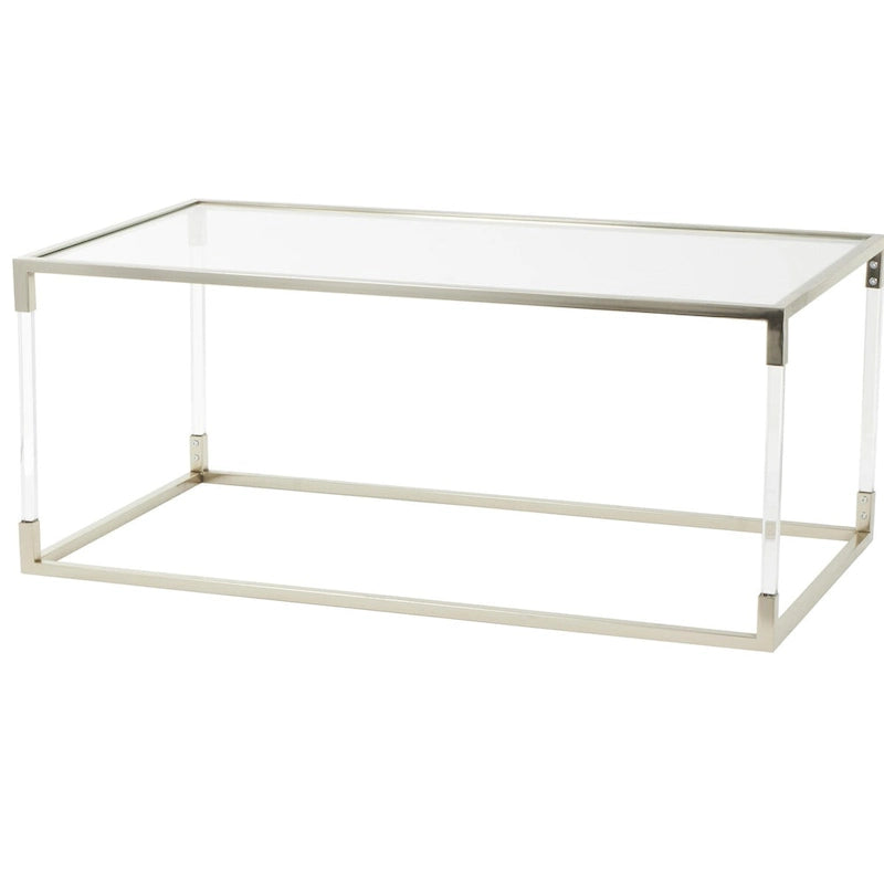 Table basse en acrylique ou en métal avec plateau en verre et pieds en acrylique ou support en métal argenté