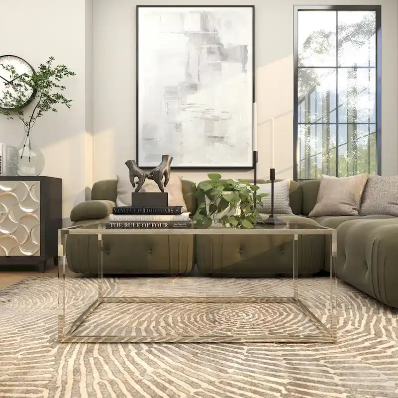 Table basse en acrylique ou en métal avec plateau en verre et pieds en acrylique ou support en métal argenté