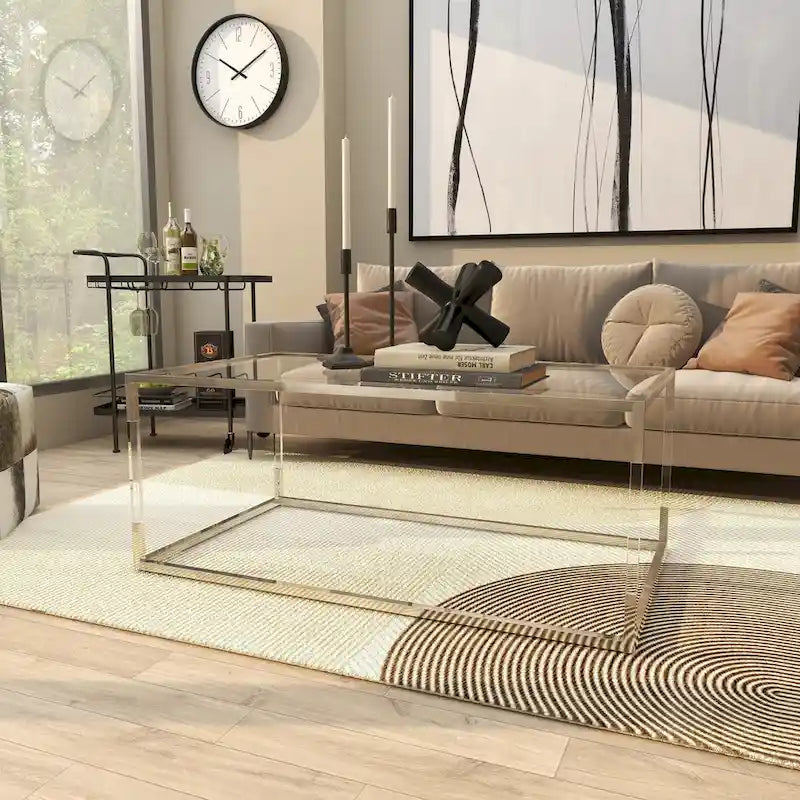 Table basse en acrylique ou en métal avec plateau en verre et pieds en acrylique ou support en métal argenté