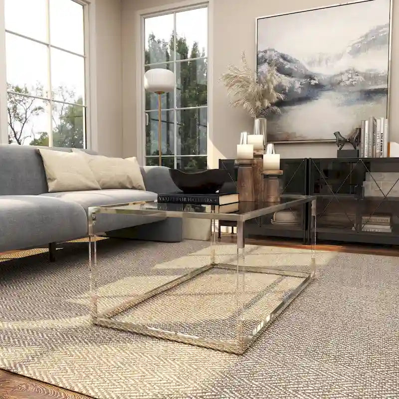 Table basse en acrylique ou en métal avec plateau en verre et pieds en acrylique ou support en métal argenté