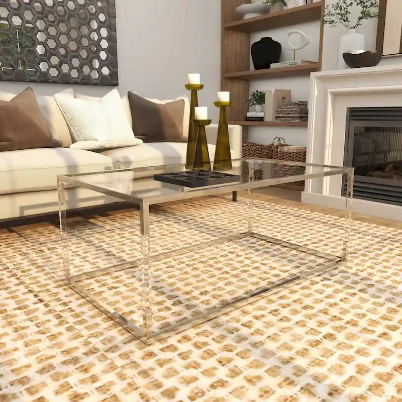 Table basse en acrylique ou en métal avec plateau en verre et pieds en acrylique ou support en métal argenté