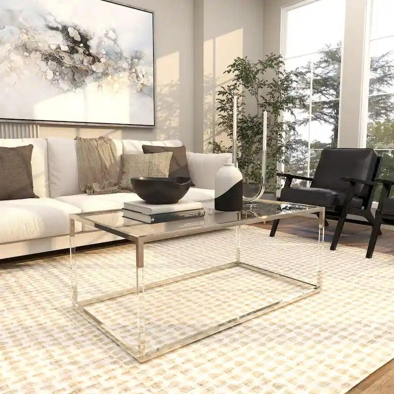 Table basse en acrylique ou en métal avec plateau en verre et pieds en acrylique ou support en métal argenté