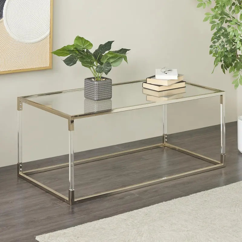 Table basse en acrylique ou en métal avec plateau en verre et pieds en acrylique ou support en métal argenté