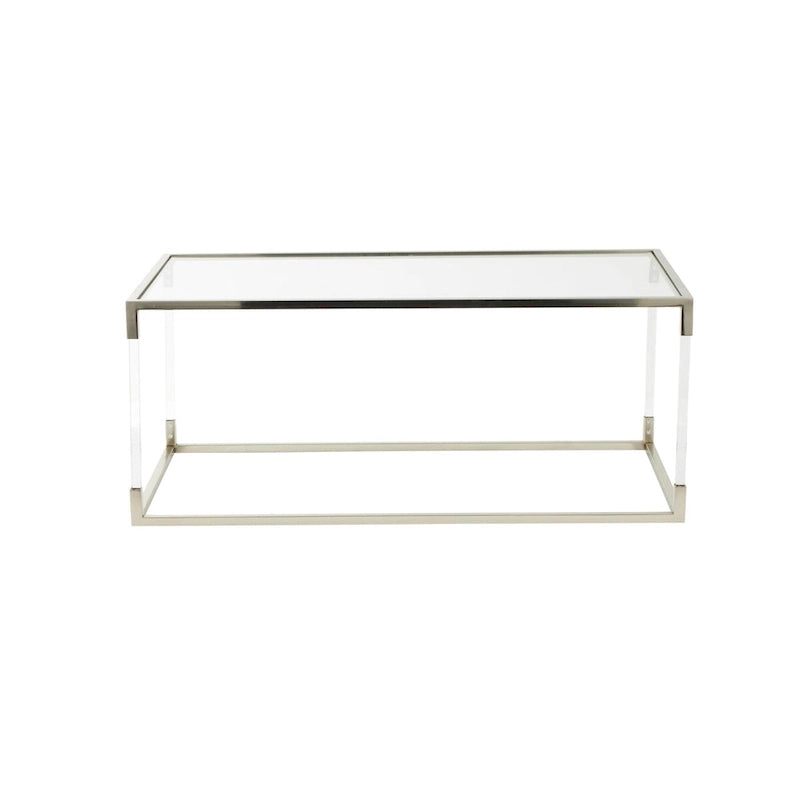 Table basse en acrylique ou en métal avec plateau en verre et pieds en acrylique ou support en métal argenté