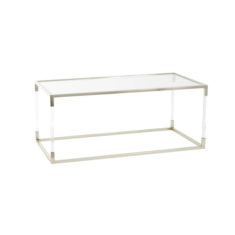 Table basse en acrylique ou en métal avec plateau en verre et pieds en acrylique ou support en métal argenté