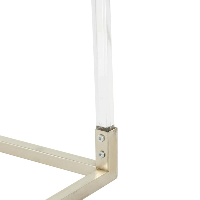 Table basse en acrylique ou en métal avec plateau en verre et pieds en acrylique ou support en métal argenté