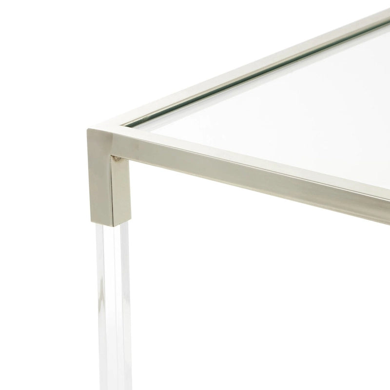 Table basse en acrylique ou en métal avec plateau en verre et pieds en acrylique ou support en métal argenté