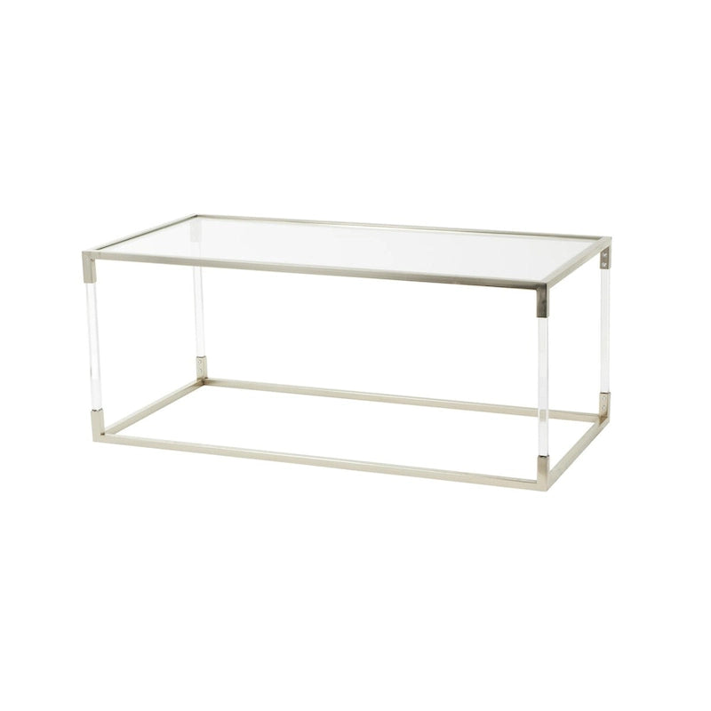 Table basse en acrylique ou en métal avec plateau en verre et pieds en acrylique ou support en métal argenté