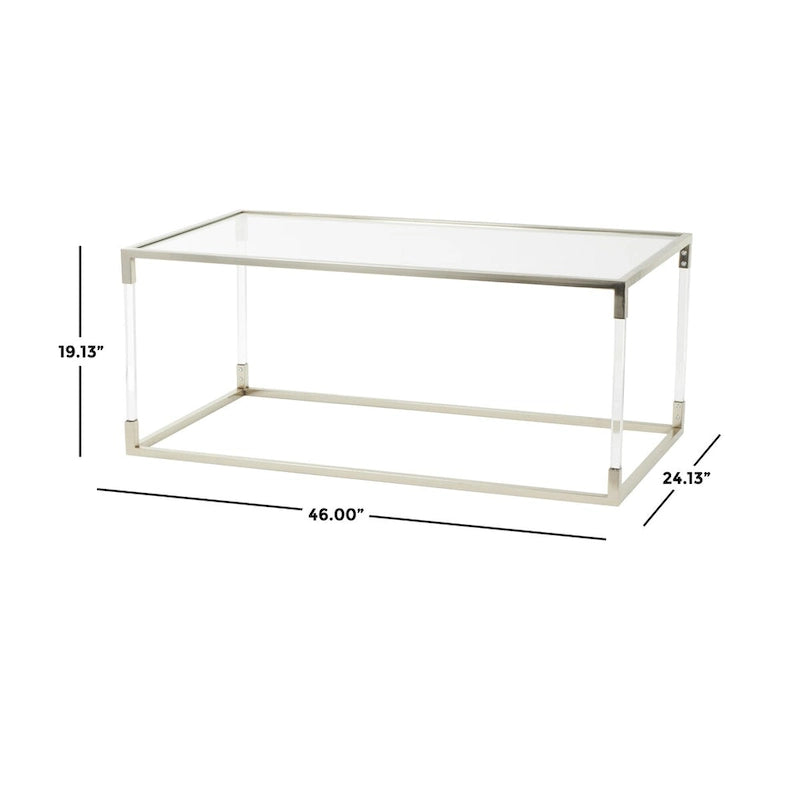 Table basse en acrylique ou en métal avec plateau en verre et pieds en acrylique ou support en métal argenté